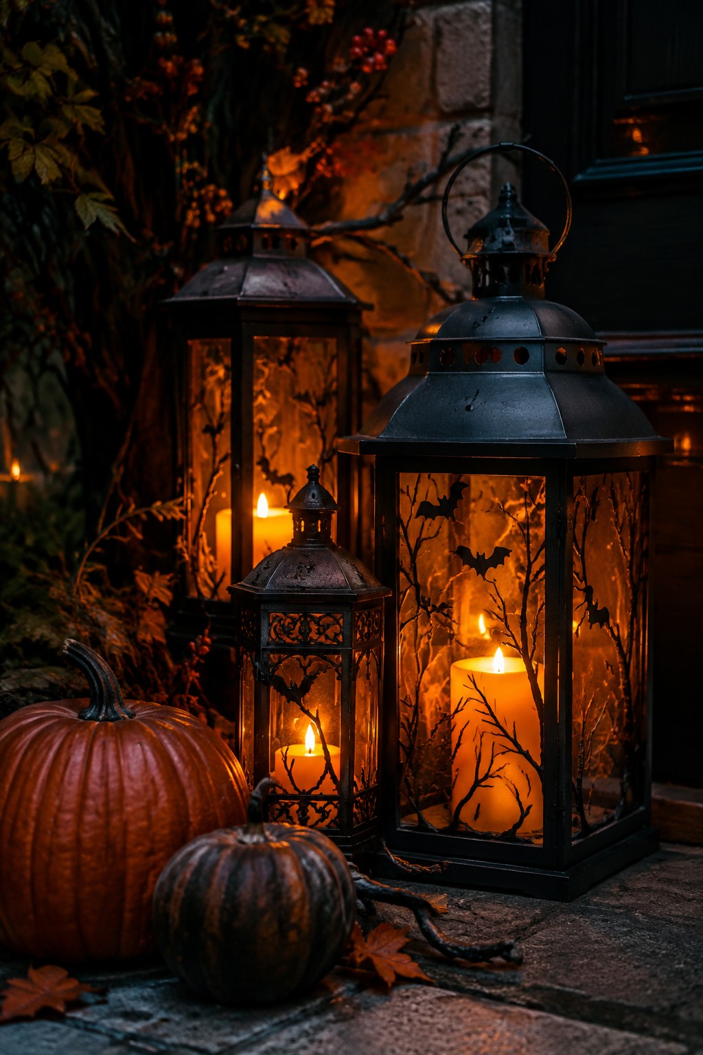 Black metal lanterns with bat and branch cutouts glowing on stone steps next to two pumpkins.
