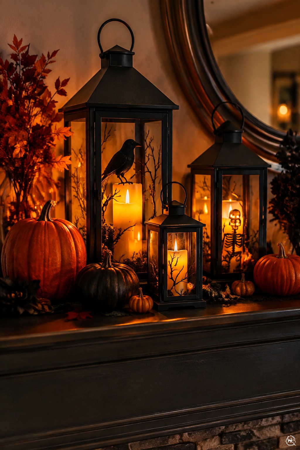 Black lanterns with a crow and skeleton inside sit on a dark mantel surrounded by orange and black pumpkins.