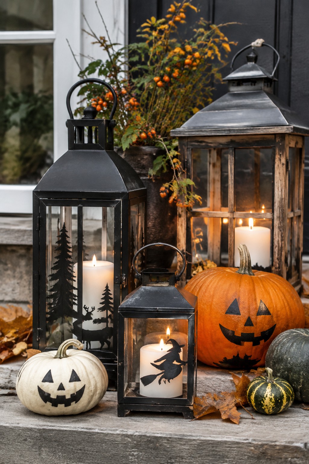 Glowing black lanterns with candles beside carved pumpkins and autumn leaves on steps