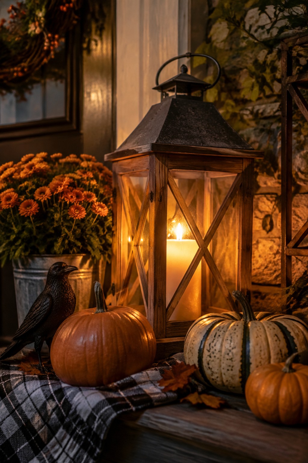 A lit wooden lantern sits among orange and white pumpkins on a plaid cloth next to a black crow figurine.