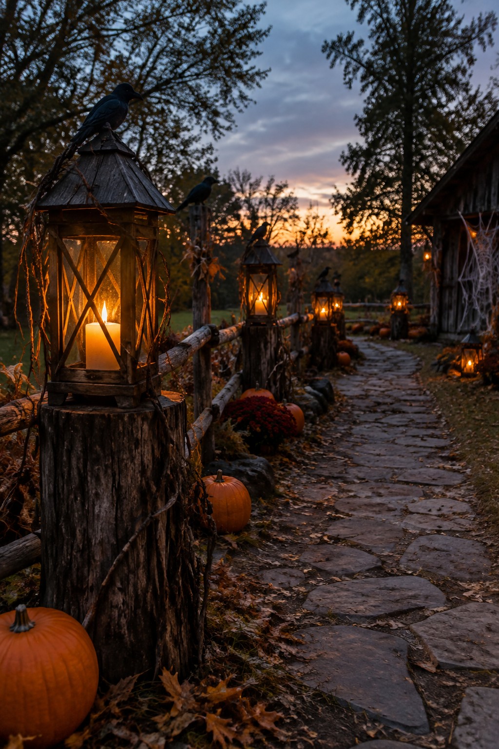 Glowing lanterns, black crows, and pumpkins line a stone path at dusk.