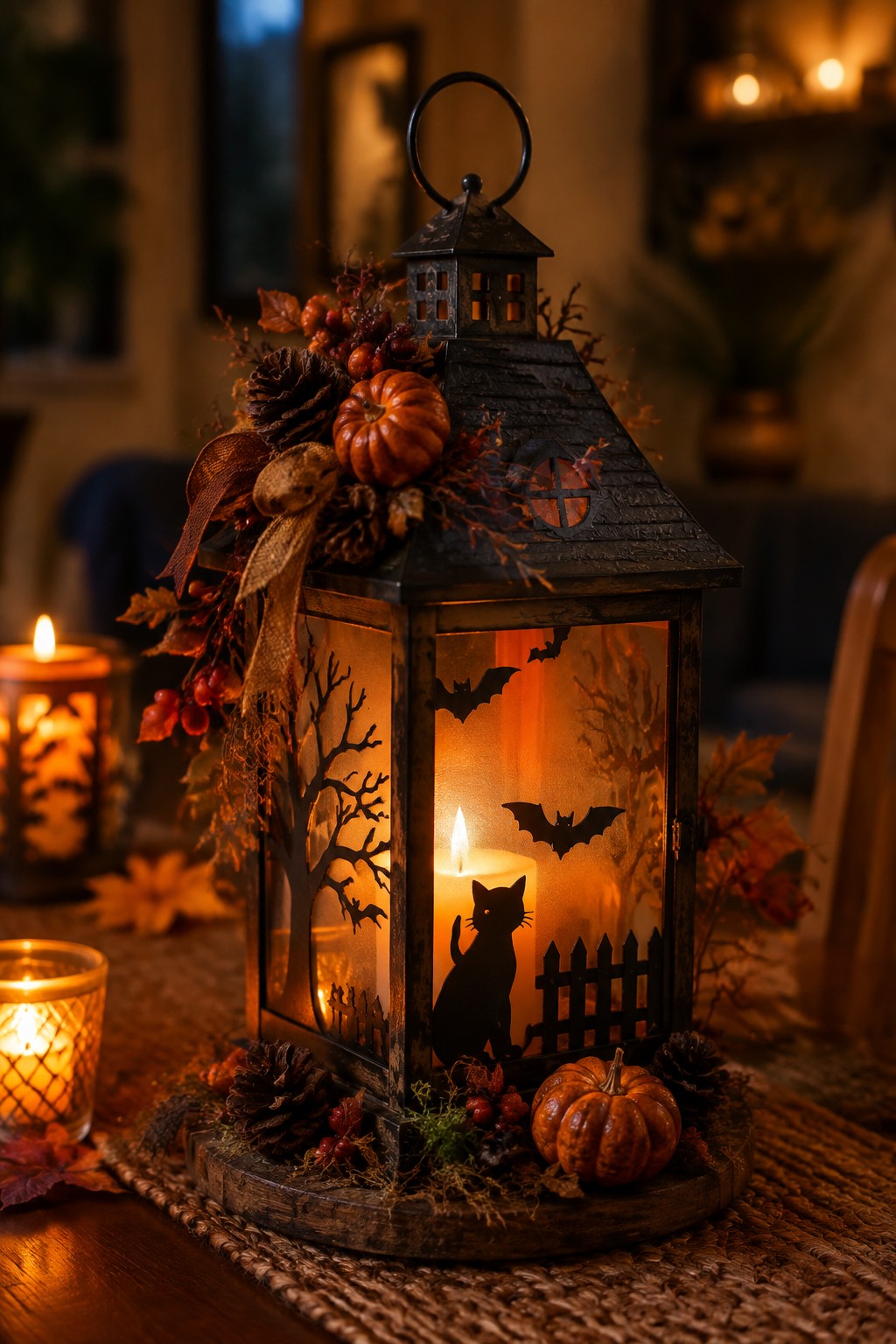 Glowing black lantern with cat and bat silhouettes, adorned with pumpkins and autumn foliage.