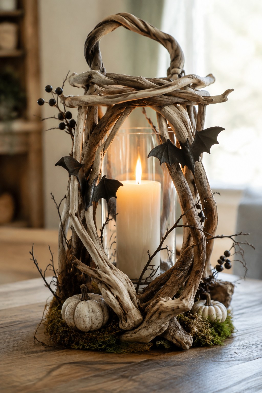 Rustic driftwood lantern with lit candle, black bats, and white pumpkins on moss