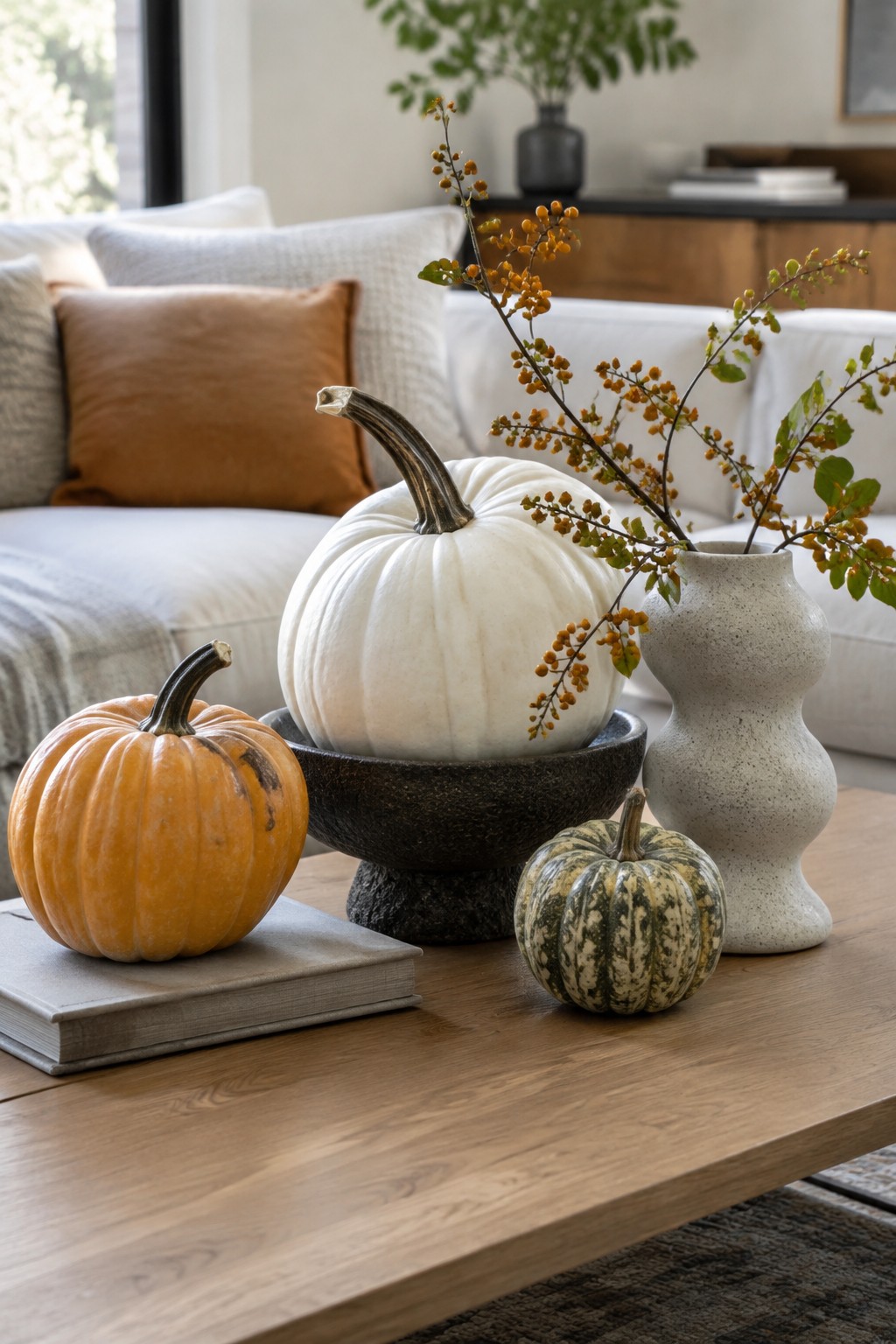 A wooden coffee table displays several no-carve pumpkins of different colors and sizes, including a large white pumpkin in a dark bowl.