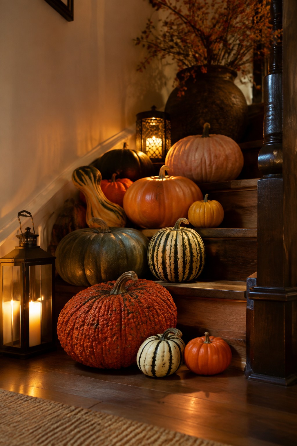 Wooden staircase decorated with a variety of whole pumpkins in orange, green, and striped patterns along with two glowing lanterns.