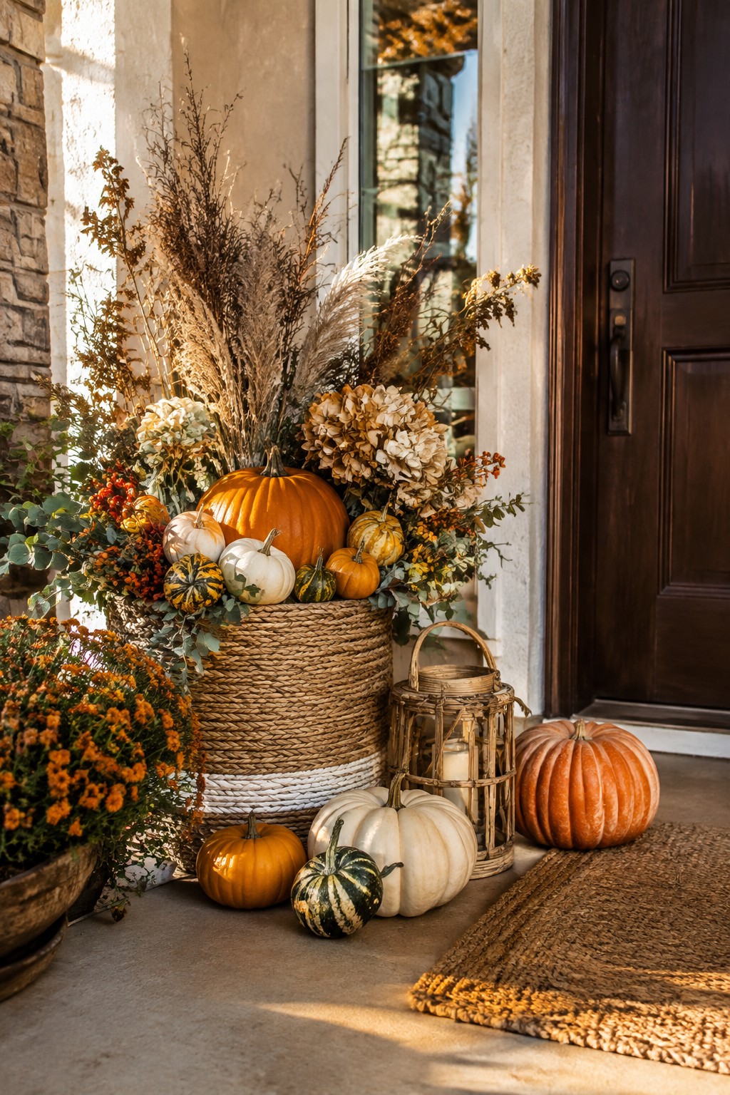 Front entry with a large woven basket filled with orange, white, and striped pumpkins surrounded by dried florals and additional pumpkins on the ground.