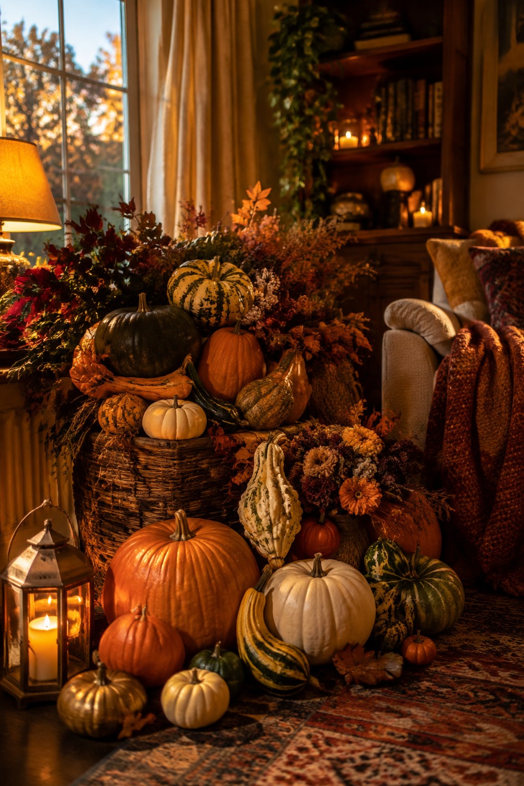 Living room corner with a large wicker basket overflowing with assorted pumpkins and gourds in orange, white, and green tones, surrounded by autumn leaves and a lit lantern.