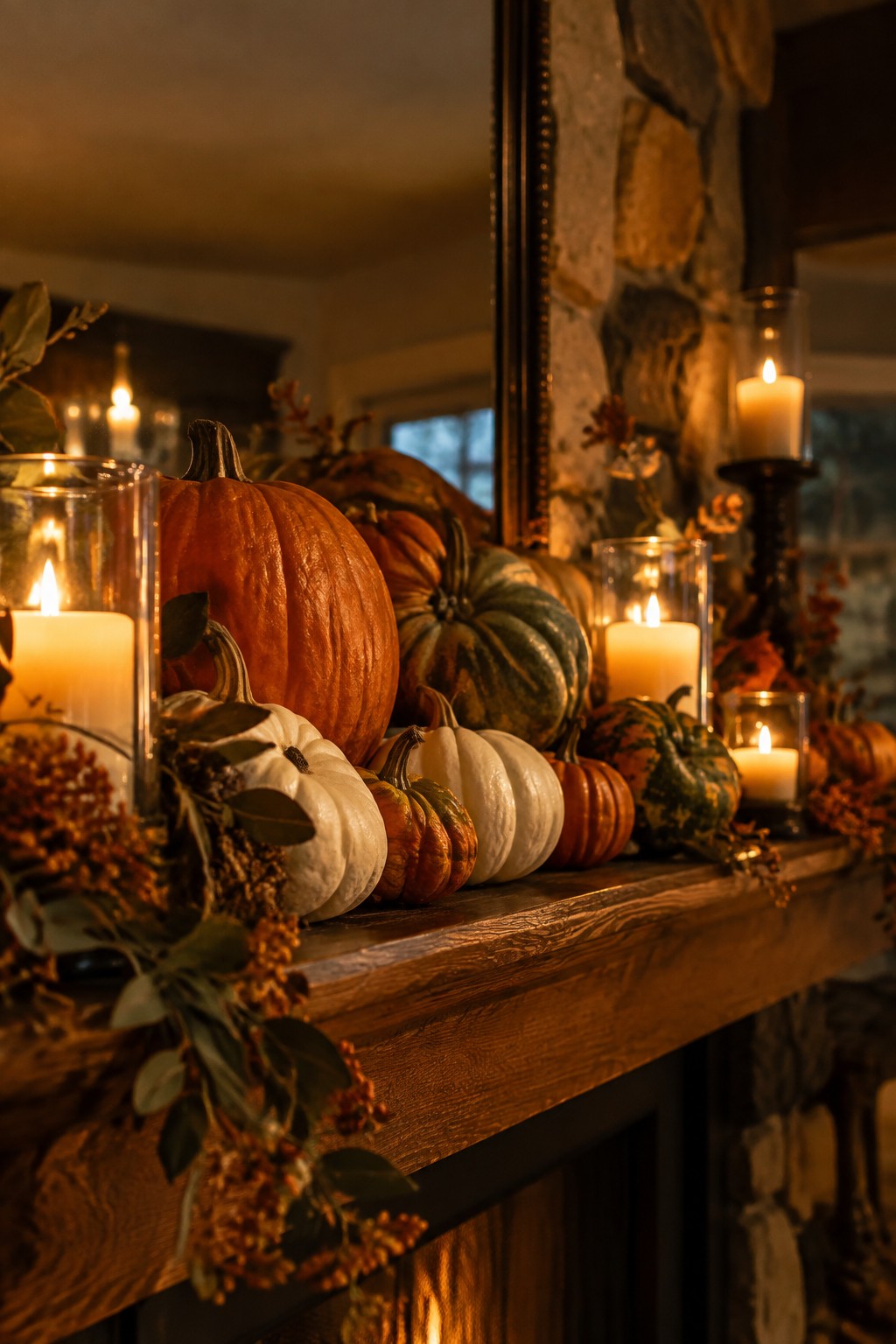 Wooden mantel with colorful pumpkins, lit candles, and autumn foliage by fireplace