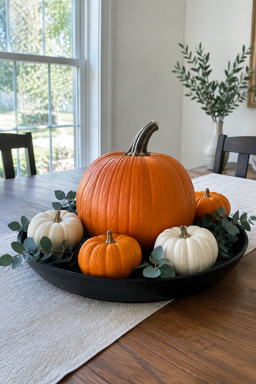 Black tray on a dining table holding one large orange pumpkin surrounded by smaller orange and white pumpkins with eucalyptus stems.