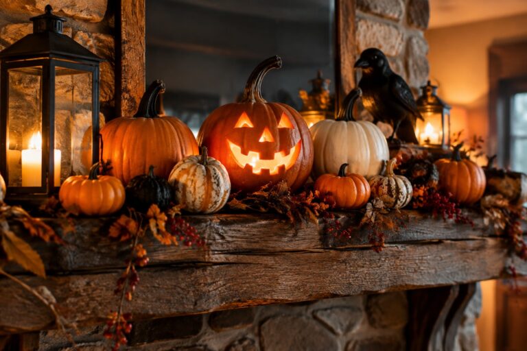 17 Creative No-Carve Pumpkin Decorating Ideas You’ll Love Assorted pumpkins, lit candles, and a black crow on rustic wooden mantel
