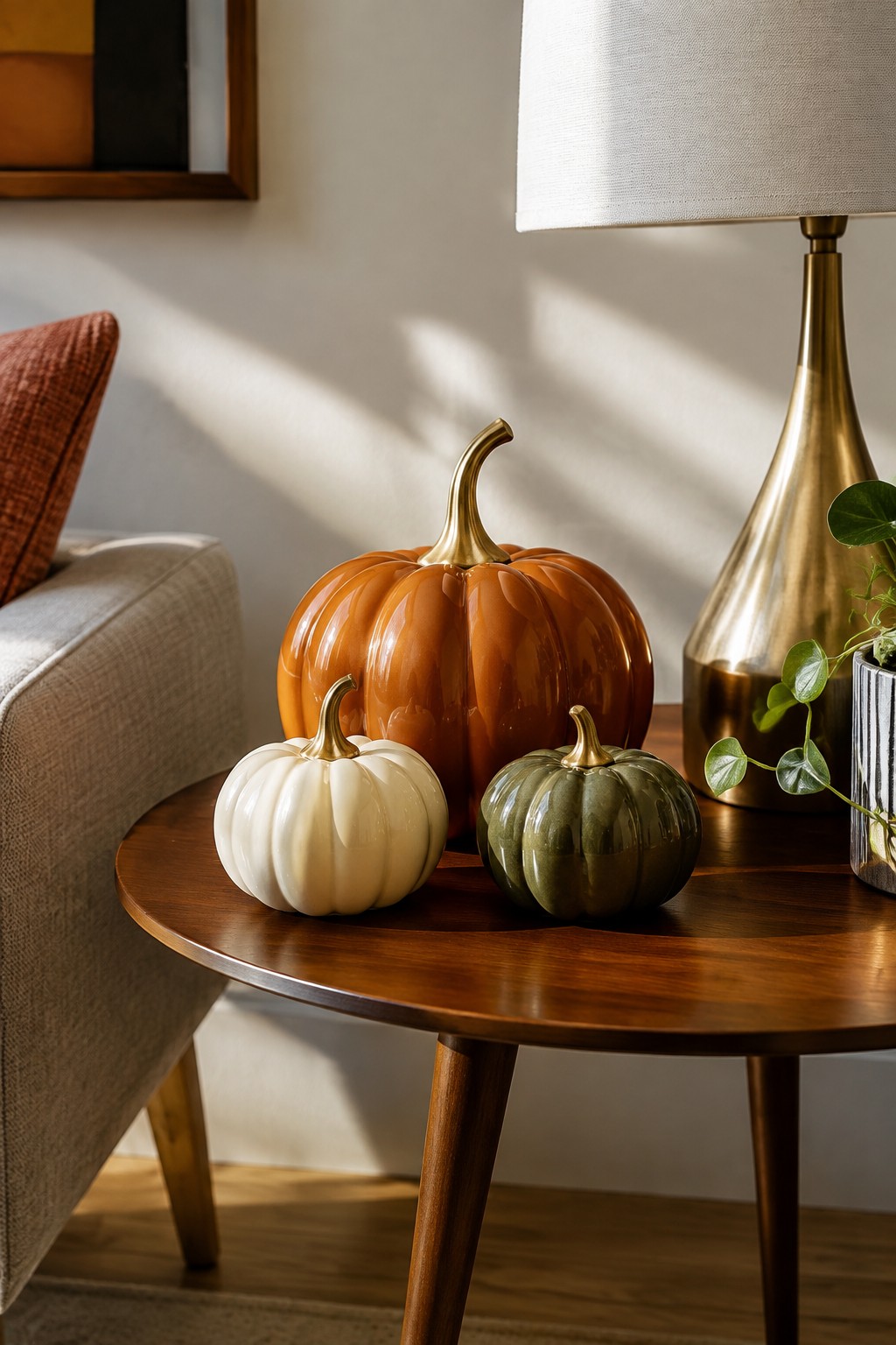Round wooden side table with three ceramic pumpkins in orange, white, and green, each with a gold stem, next to a brass lamp.