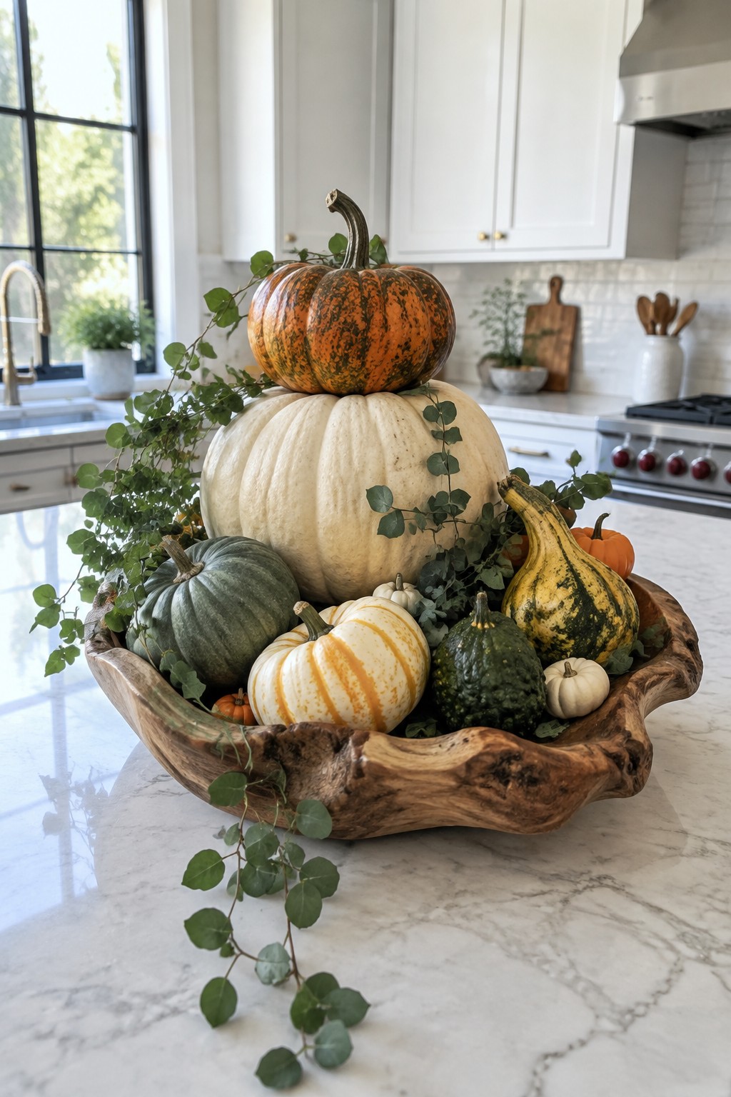 A large wooden bowl filled with assorted pumpkins and gourds sits on a marble kitchen counter.