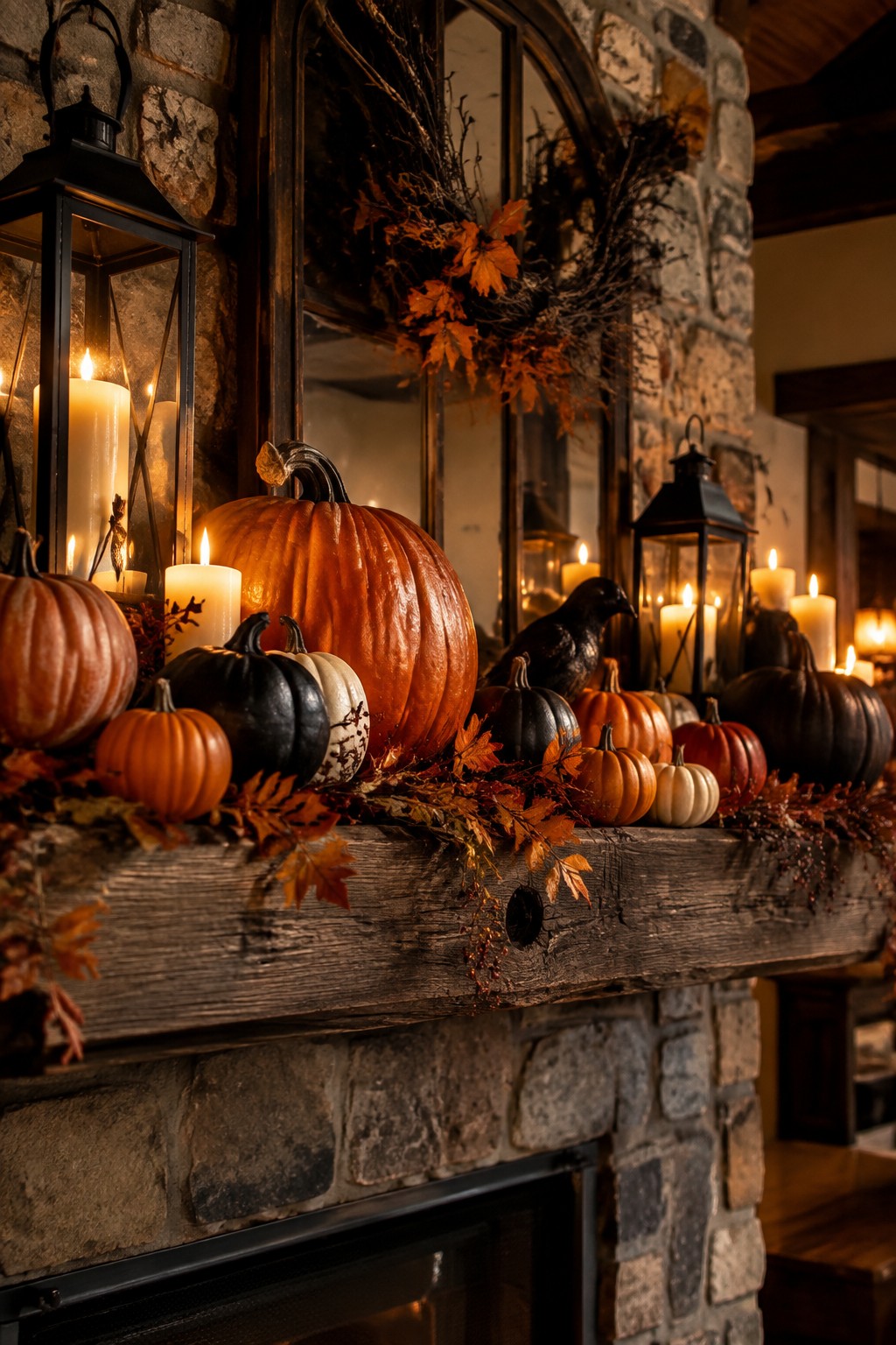 Assorted pumpkins, lit candles, and a black crow on rustic wooden mantel
