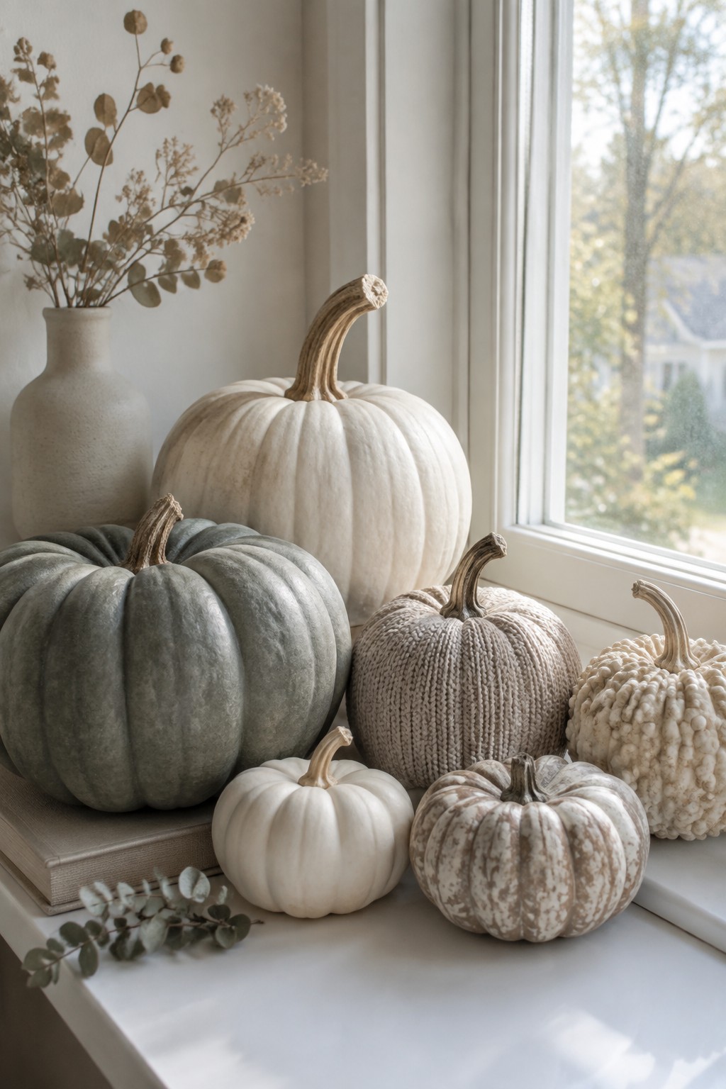 Neutral pumpkins with painted, knitted, and distressed finishes arranged on a white windowsill beside a vase of dried stems.