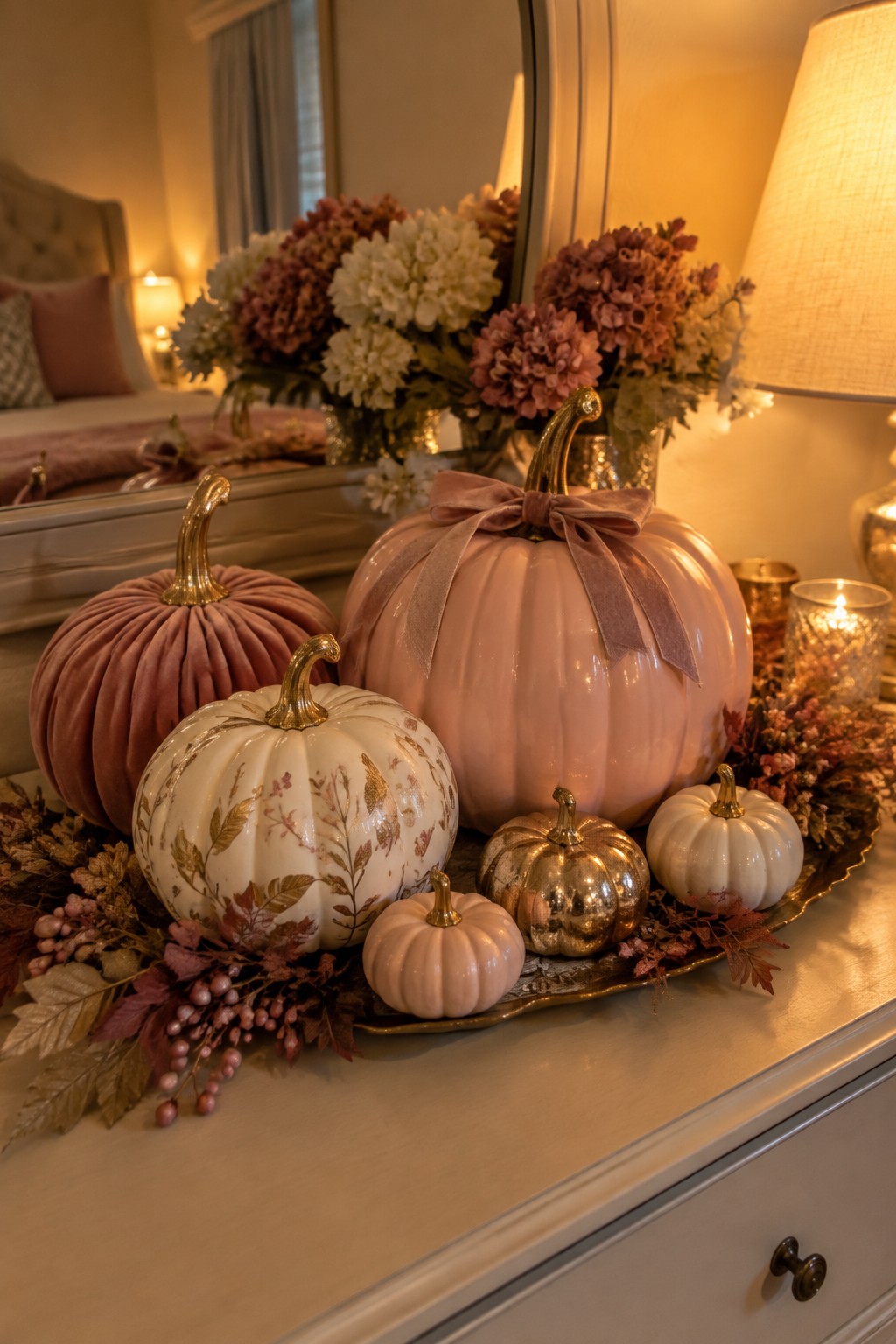 Bedroom dresser with a tray holding several no-carve pumpkins in pink, white, and metallic finishes arranged with autumn foliage.
