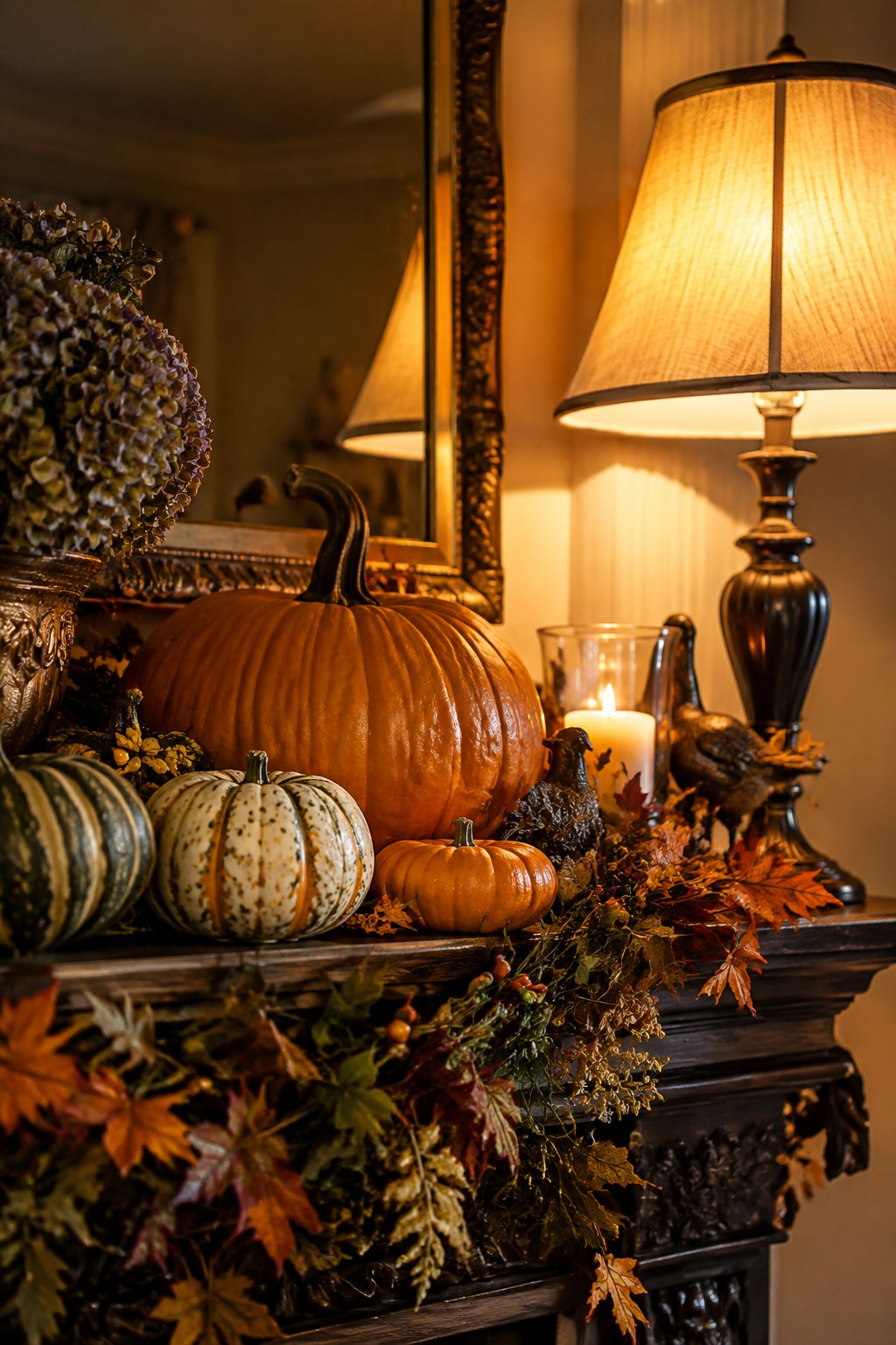 Dark wooden mantel topped with a large orange pumpkin, two smaller striped pumpkins, a tiny orange one, and autumn leaves with a lit candle nearby.