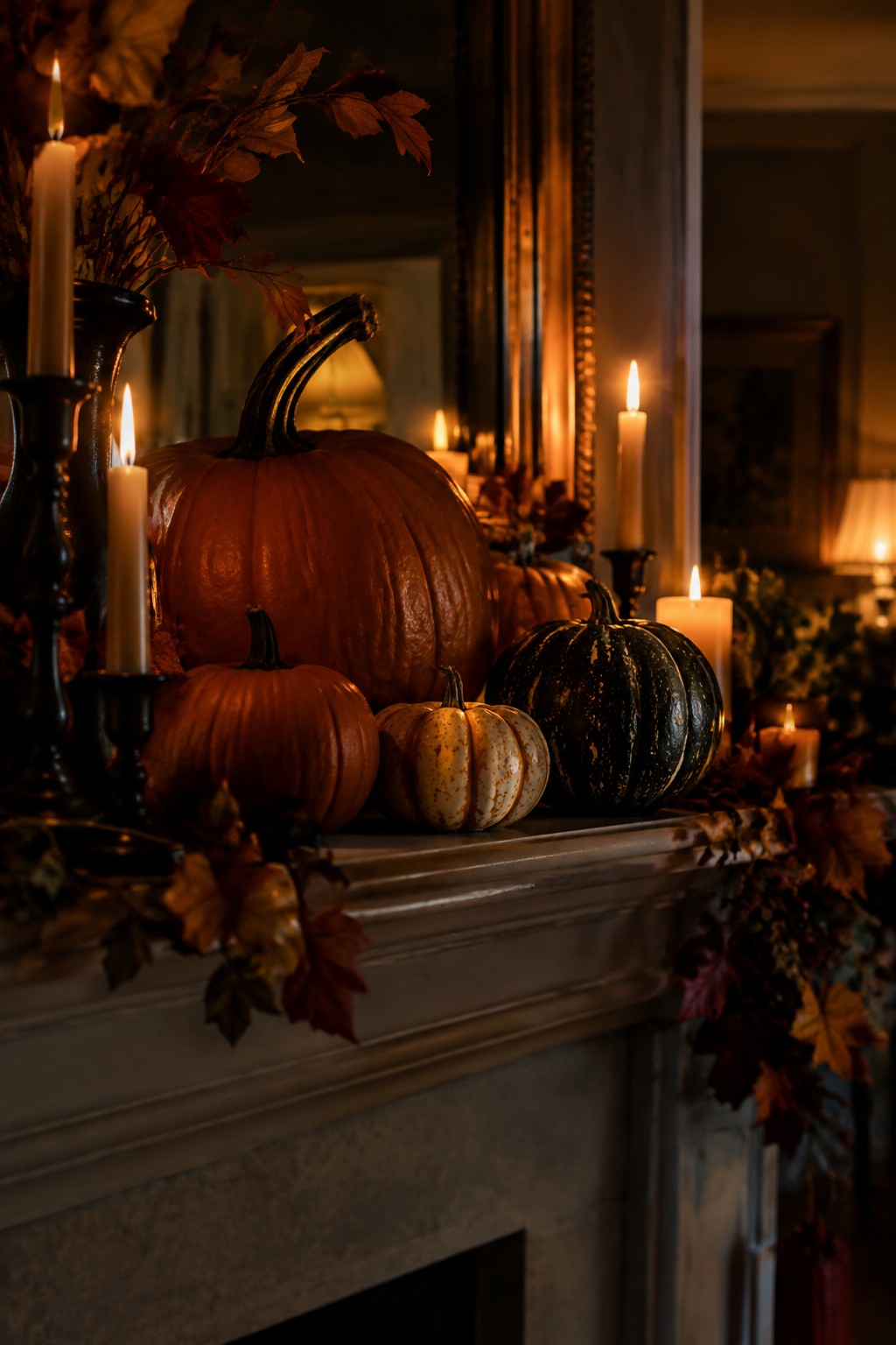 Autumn mantel with pumpkins, lit candles, and colorful fall foliage on fireplace