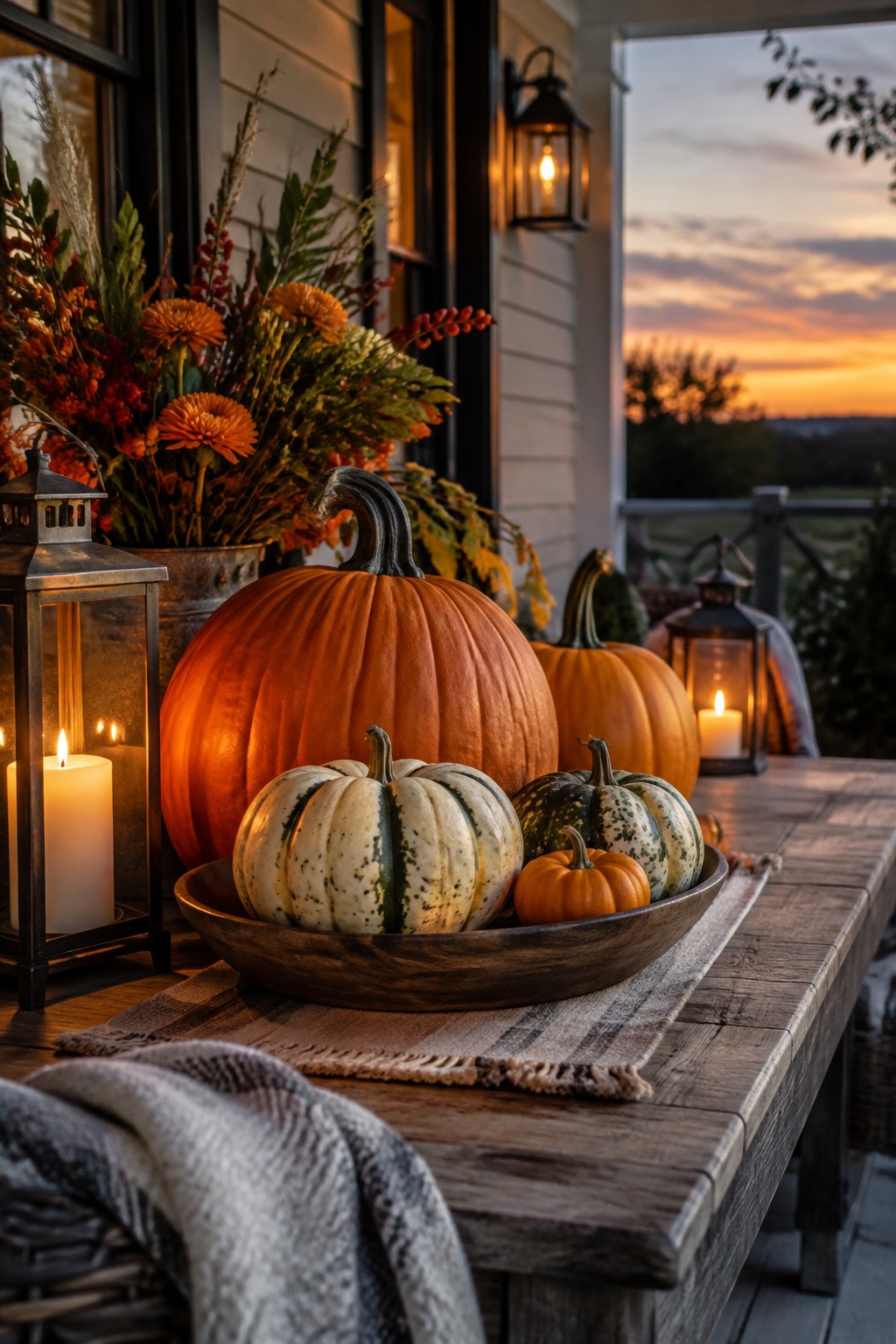 Wooden porch table holding a large bowl filled with whole pumpkins of various sizes and patterns, including orange, striped, and speckled varieties, with lanterns nearby.