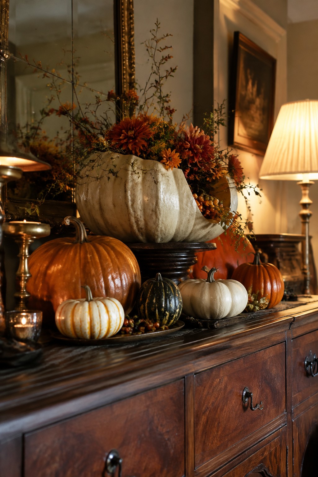 Console table decorated with a large hollowed white pumpkin used as a vase for orange flowers, surrounded by smaller orange, white, and striped pumpkins.