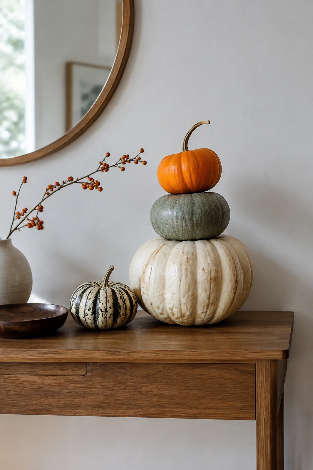 Wooden console table topped with a stack of three pumpkins in orange, green, and white next to a smaller striped pumpkin.