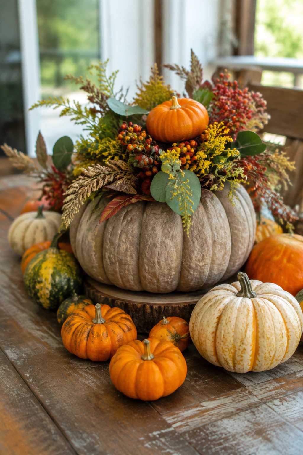Large gray pumpkin centerpiece with autumn flowers and smaller colorful pumpkins on table