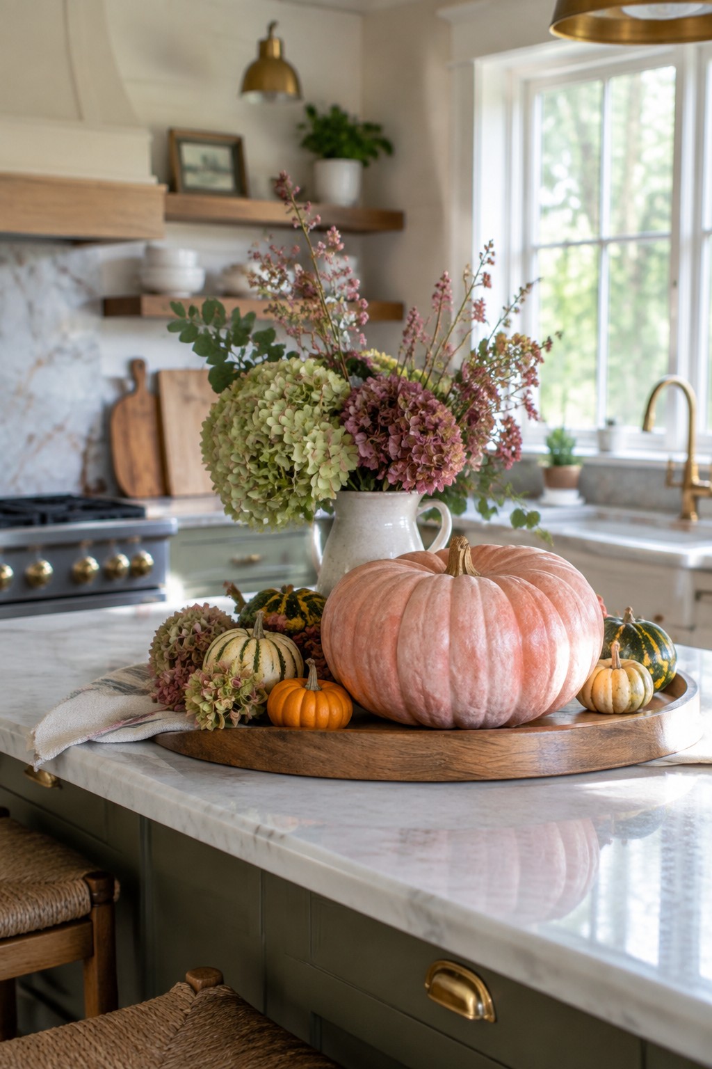 Kitchen island with a wooden tray holding a large pink pumpkin, smaller gourds, and a pitcher of flowers on a marble countertop.