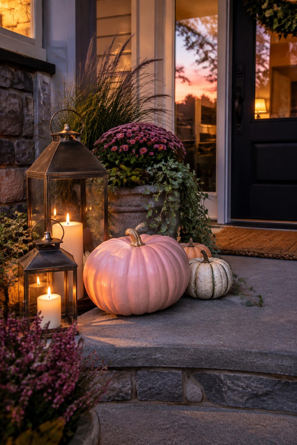 Large pink pumpkin displayed on stone porch steps with smaller pumpkins and lit lanterns beside a front door.