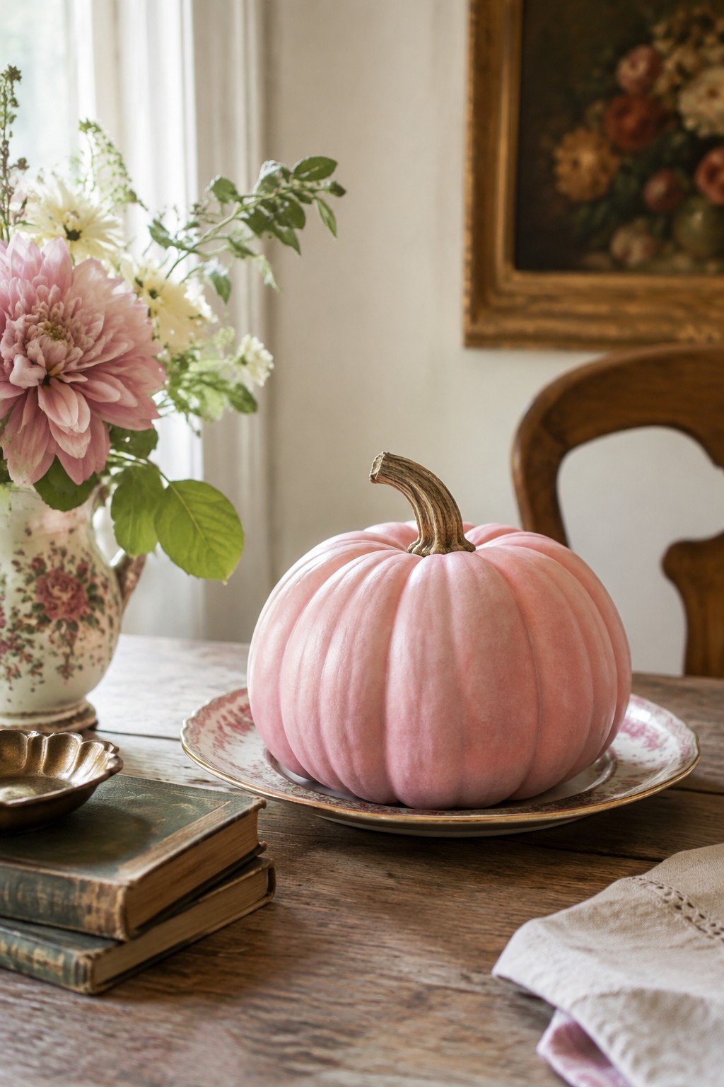 A pink pumpkin centered on a decorative plate atop a wooden dining table with flowers and stacked books nearby.