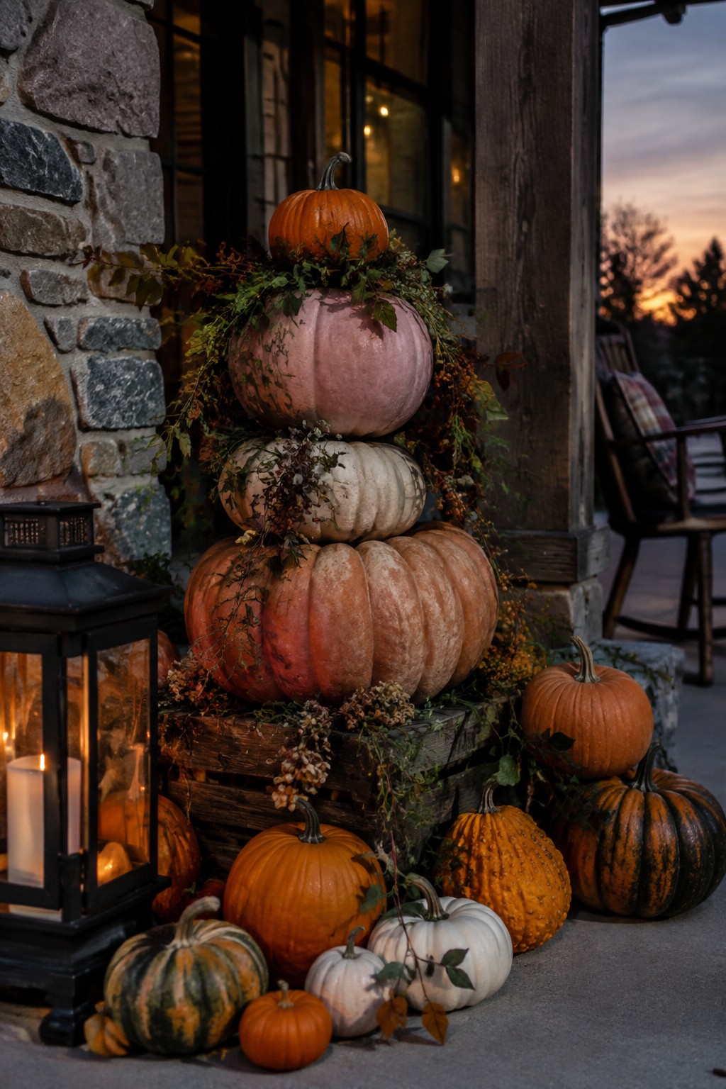 Front porch display with stacked pink and orange pumpkins arranged on wooden crates, accented with greenery and smaller pumpkins at the base.