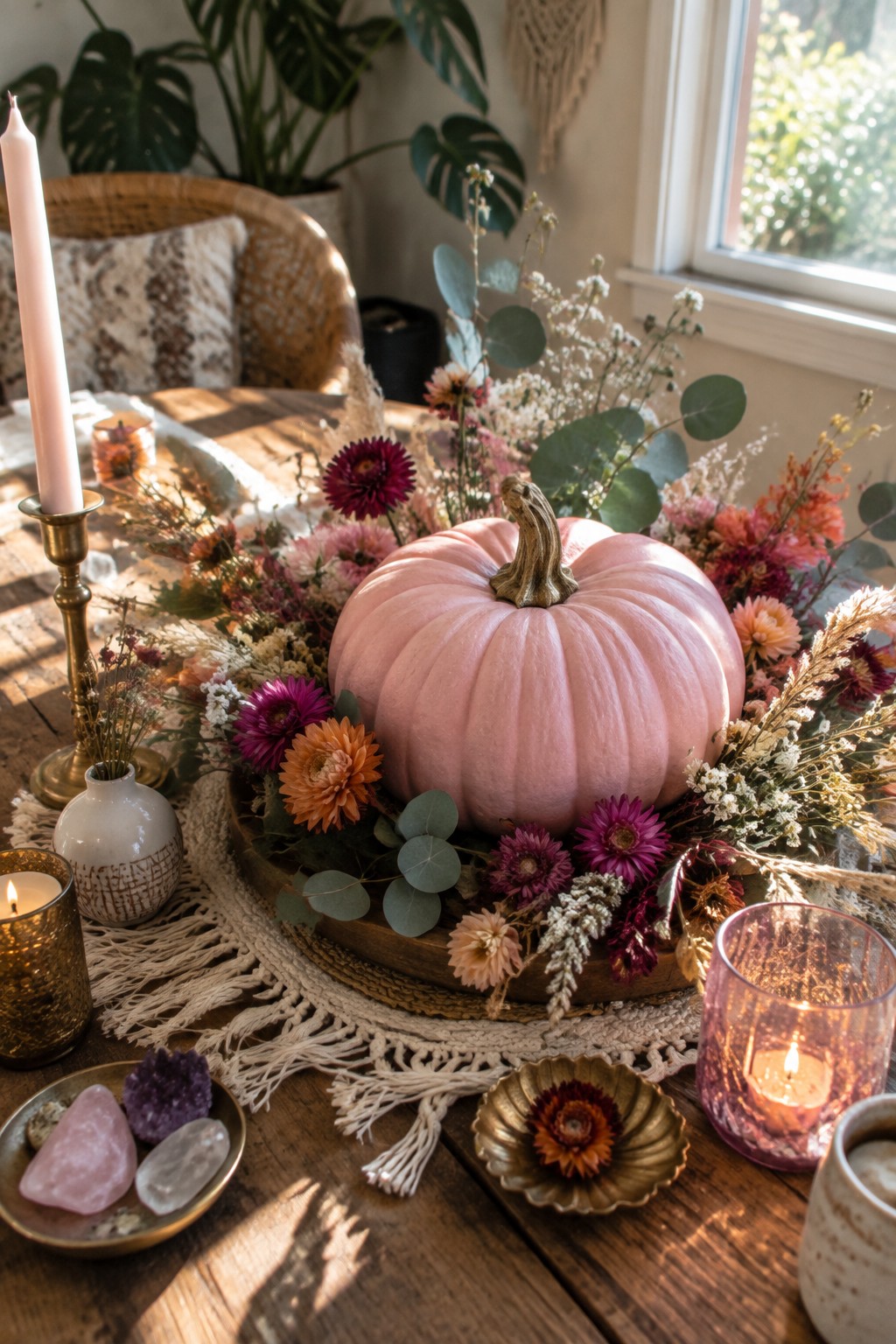 Pink pumpkin centered on a wooden tray surrounded by flowers and candles on a dining table.