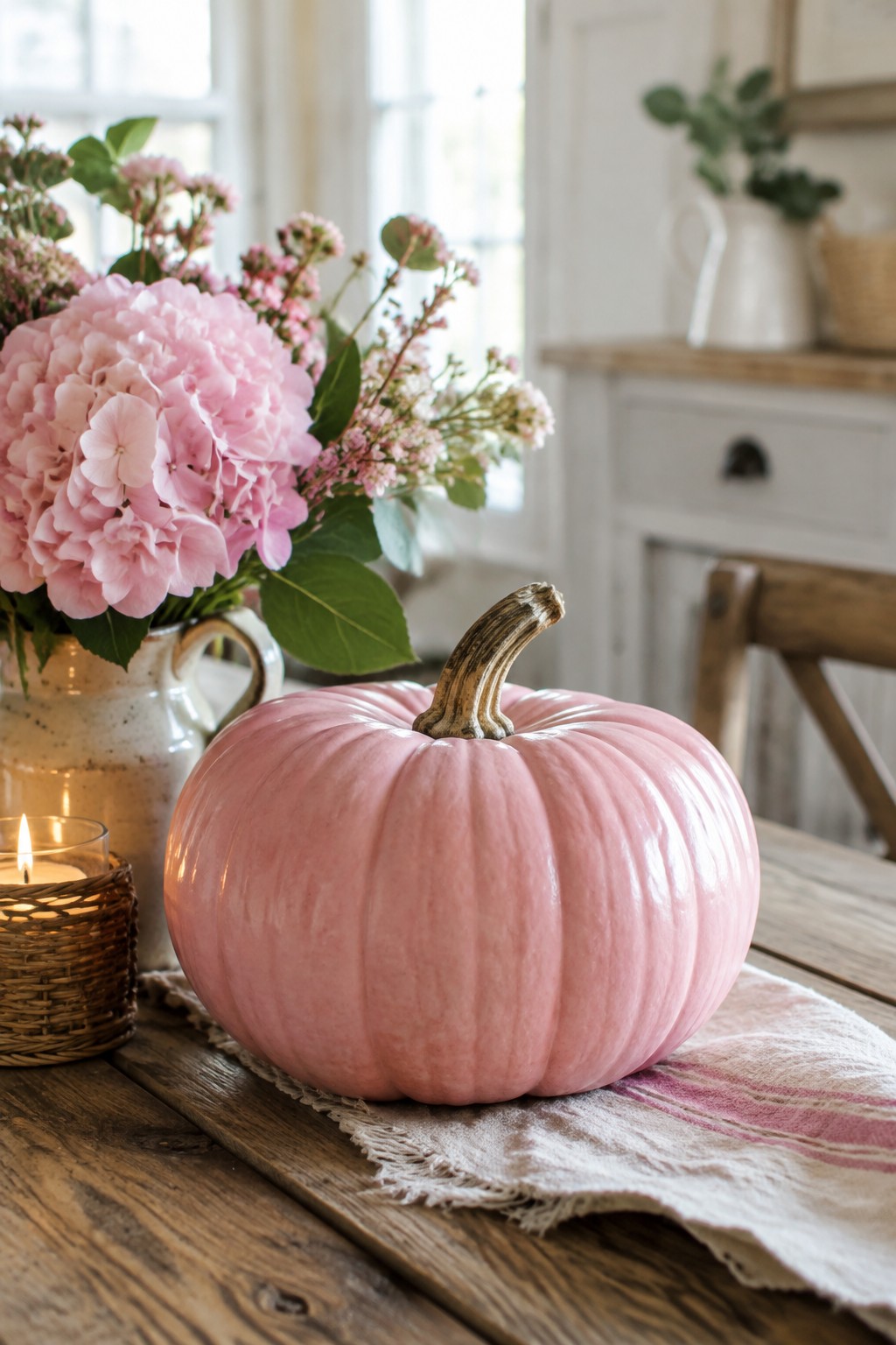 A glossy pink pumpkin rests on a wooden table beside pink flowers in a pitcher and a lit candle.