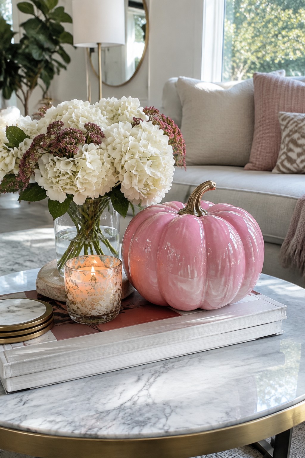 A glossy pink pumpkin sits on a stack of books beside a lit candle on a marble coffee table.