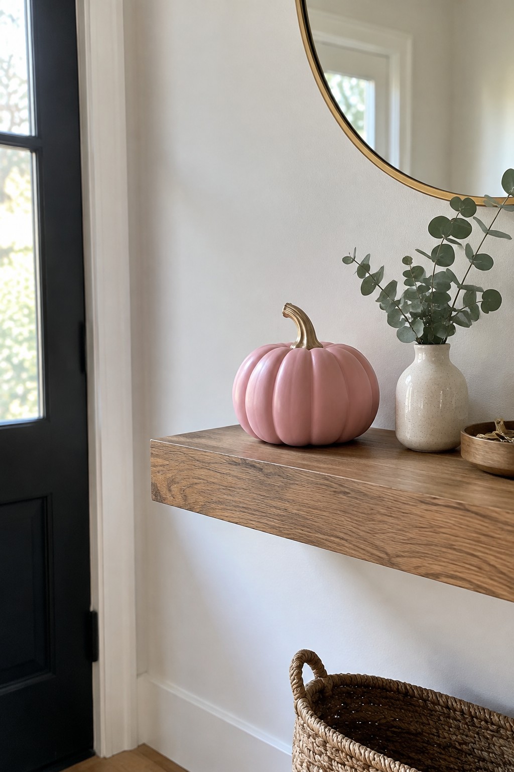 Pink pumpkin with gold stem on a wooden entryway shelf next to a small vase and bowl.