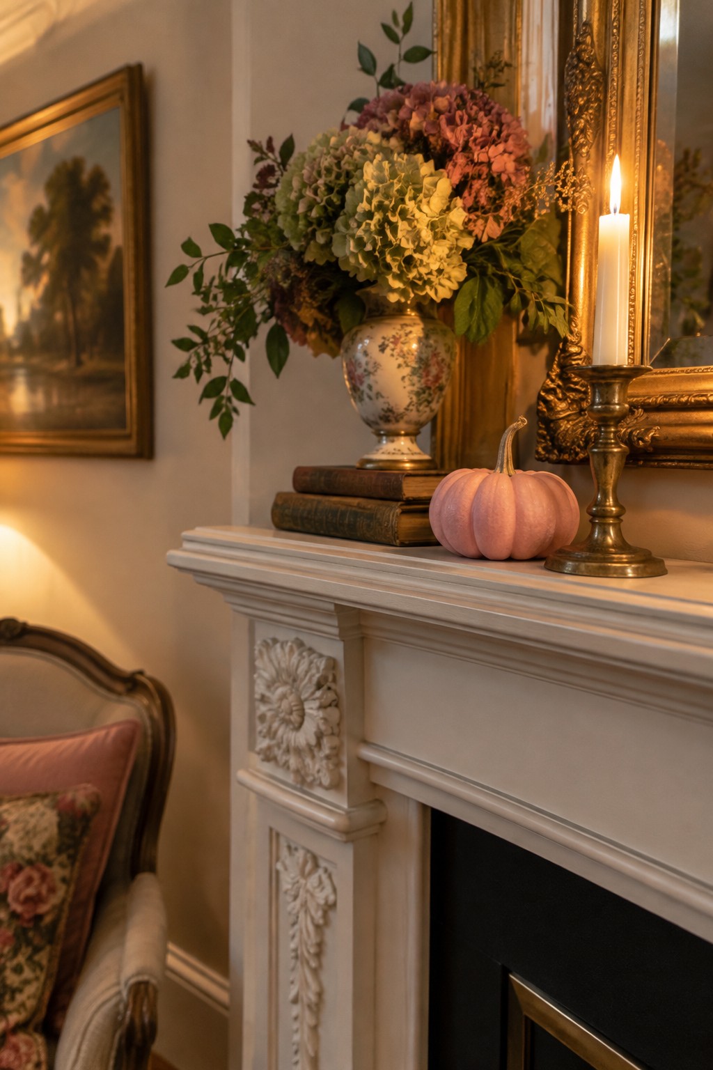 White fireplace mantel with a pink pumpkin, brass candlestick and lit candle, and floral vase resting on stacked books.