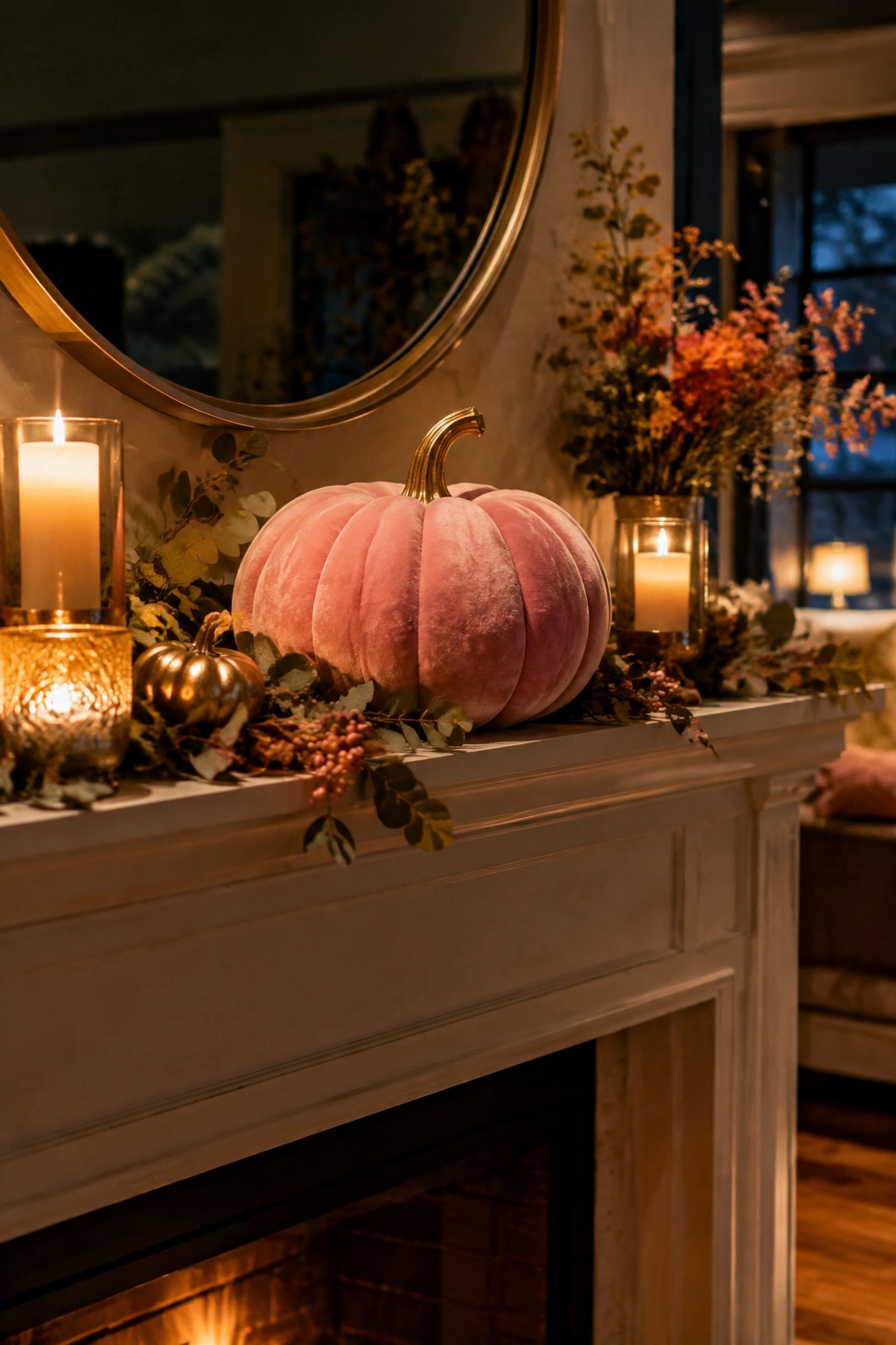 A white fireplace mantel styled with a large pink velvet pumpkin, lit candles in glass holders, and autumn foliage.