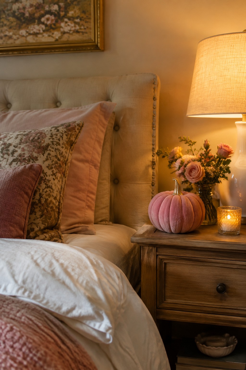 Cozy bed with floral pillows beside nightstand holding pink pumpkin, flowers, and lit lamp.