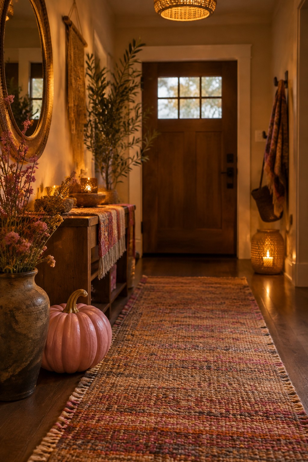 Entryway with a large pink pumpkin in a dark vase beside a wooden console table and a woven runner leading to a front door.