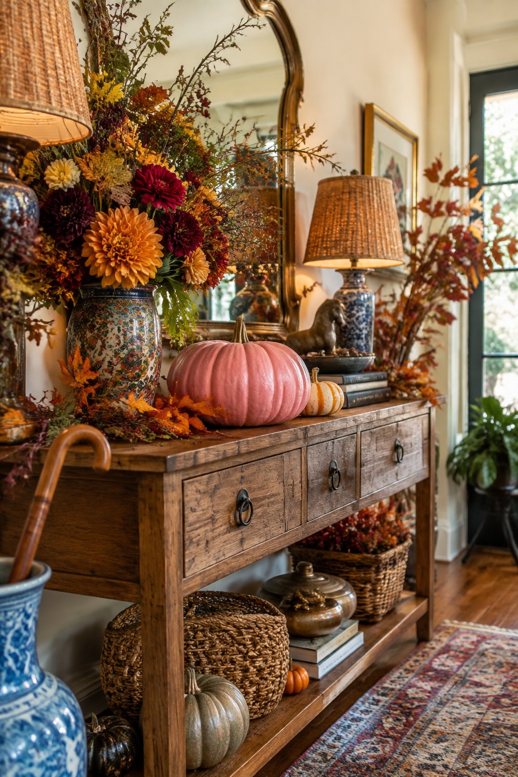 Wooden entry console topped with a large pink pumpkin, a patterned vase of fall flowers, a small striped pumpkin, and autumn leaves.
