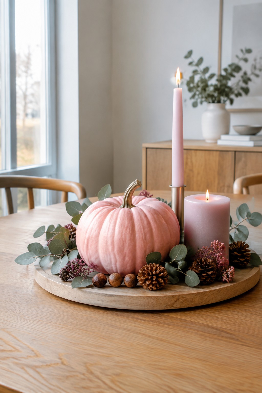 A pink pumpkin sits on a round wooden tray with two lit pink candles, eucalyptus leaves, and pinecones arranged on a dining table.