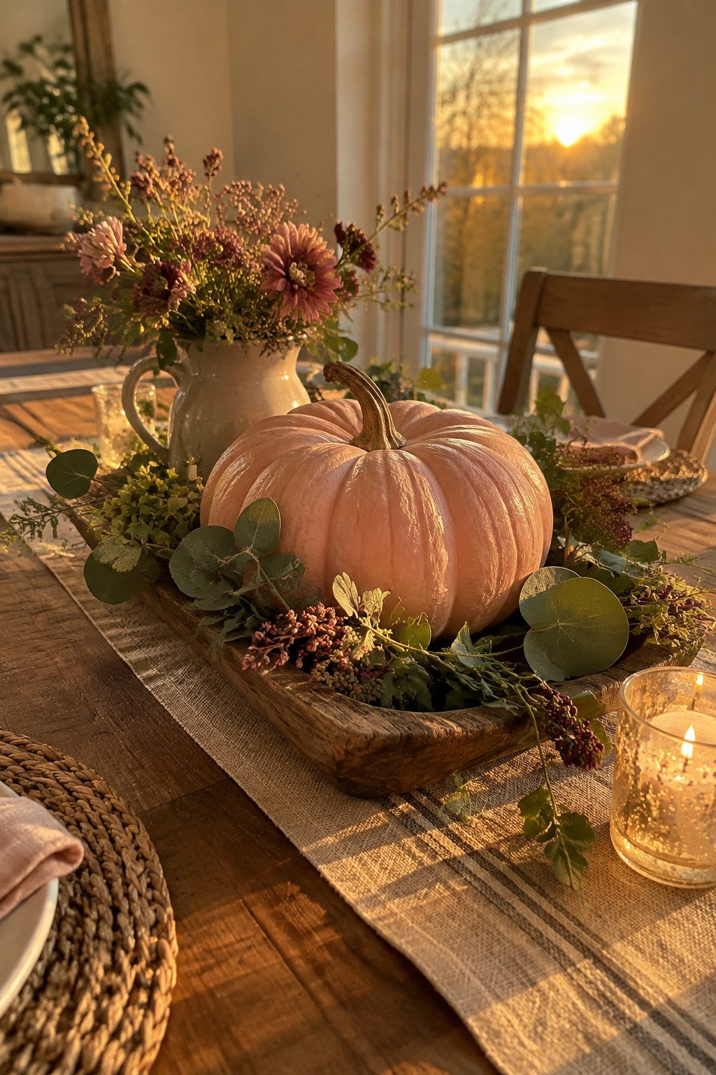 Pink pumpkin centerpiece with flowers and candle on rustic dining table at sunset
