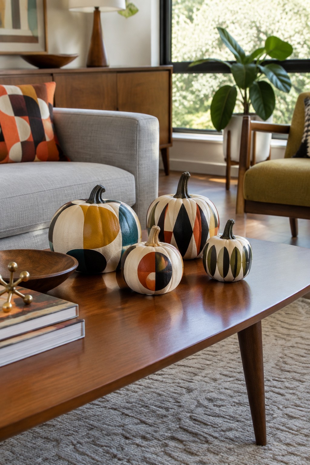 Small pumpkins painted with geometric patterns in mustard, teal, black, and rust tones arranged on a wooden coffee table.