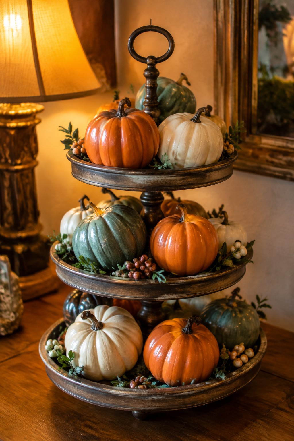 Three-tiered metal tray holding small pumpkins painted in orange, white, and green tones on a wooden table.