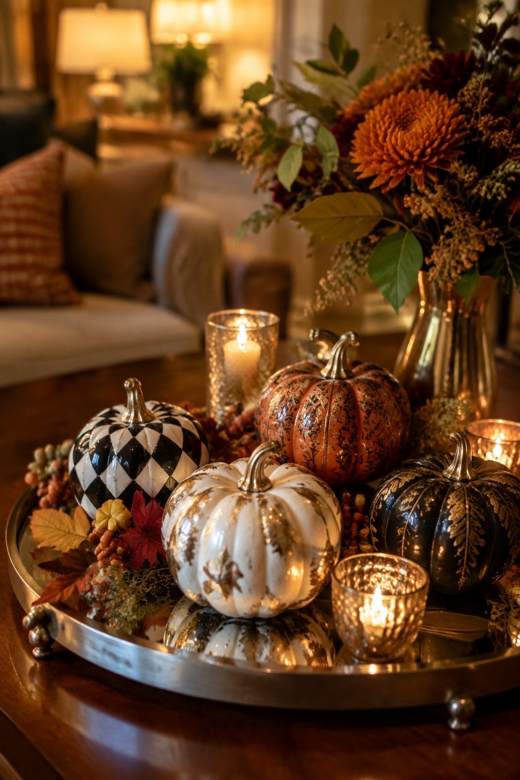 Elegant autumn tray with patterned pumpkins, lit candles, and orange floral arrangement