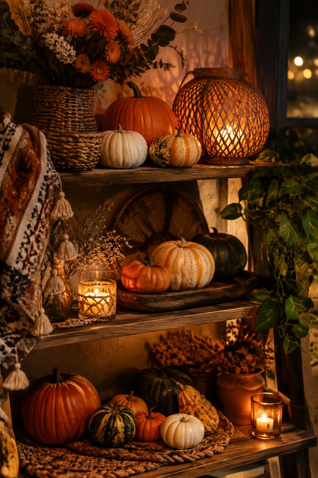 Multi-tiered wooden shelves holding small pumpkins painted in orange, white, and striped patterns with lit candles and woven accents nearby.