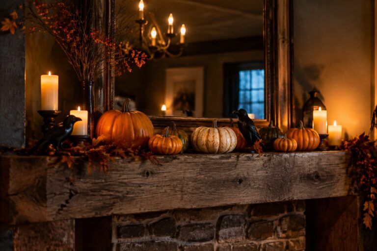 17 Small Pumpkin Painting Ideas Perfect for Fall Displays Autumn fireplace mantel with pumpkins, glowing lantern, candles, dried leaves, and black bird