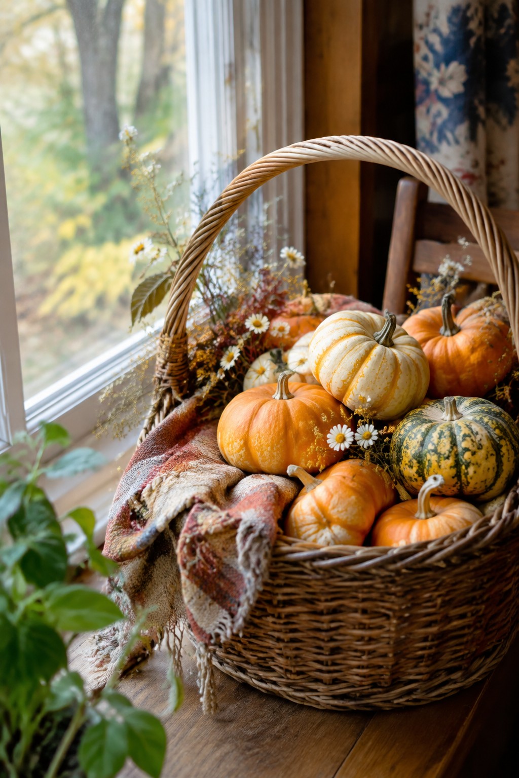 A woven basket holding small pumpkins painted in solid orange, streaked white, and green patterns rests on a wooden surface beside a window.