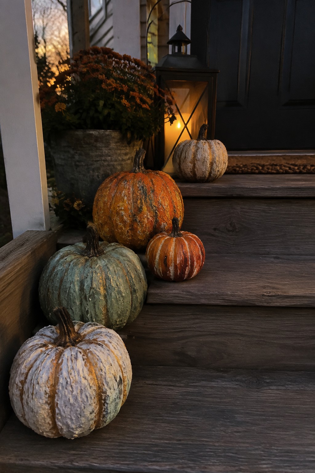 Painted pumpkins in white, green, and orange tones arranged on dark wooden porch steps beside a lit lantern.