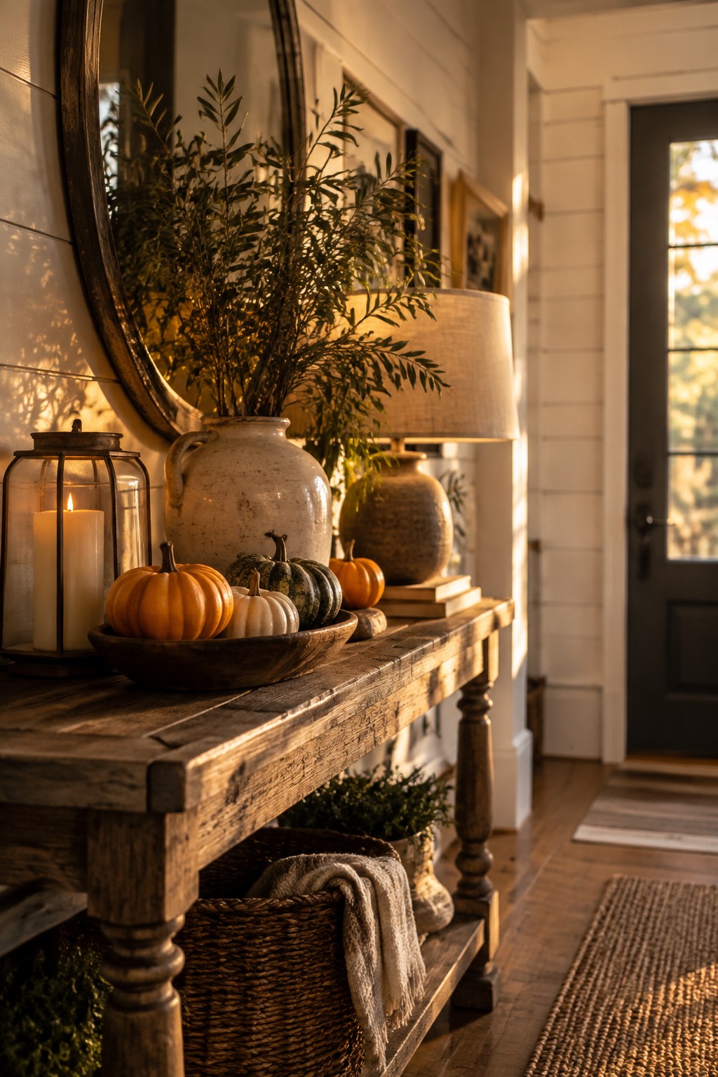 Wooden console table in an entryway holding a dark bowl filled with small painted pumpkins in orange, white, and green stripes, next to a lit lantern and a large ceramic vase.
