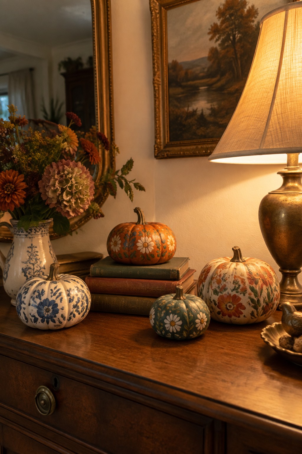 Three small pumpkins painted with floral patterns sit on a wooden console table beside stacked books and a lamp.