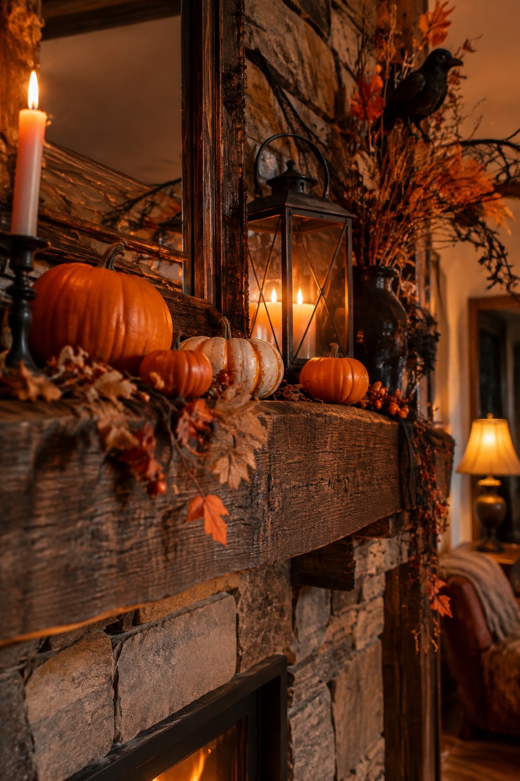 Autumn fireplace mantel with pumpkins, glowing lantern, candles, dried leaves, and black bird